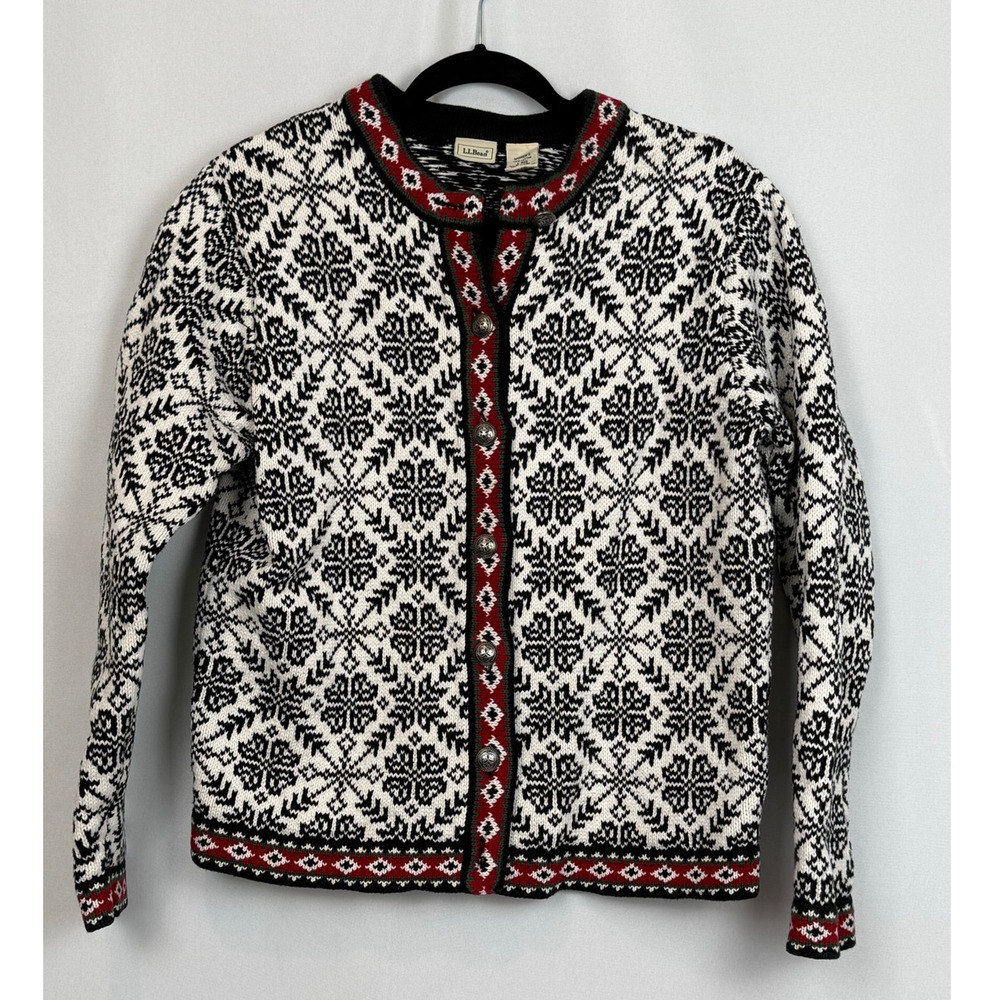 LL Bean Women's L Cardigan Sweater 100% Cotton Black White Snowflake Nordic